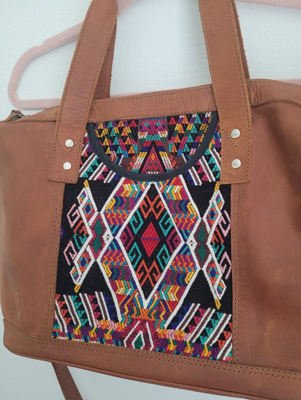 Nena & Co. Leather Convertible Huipil Tote Bag Crossbody Brown Multi Geometric